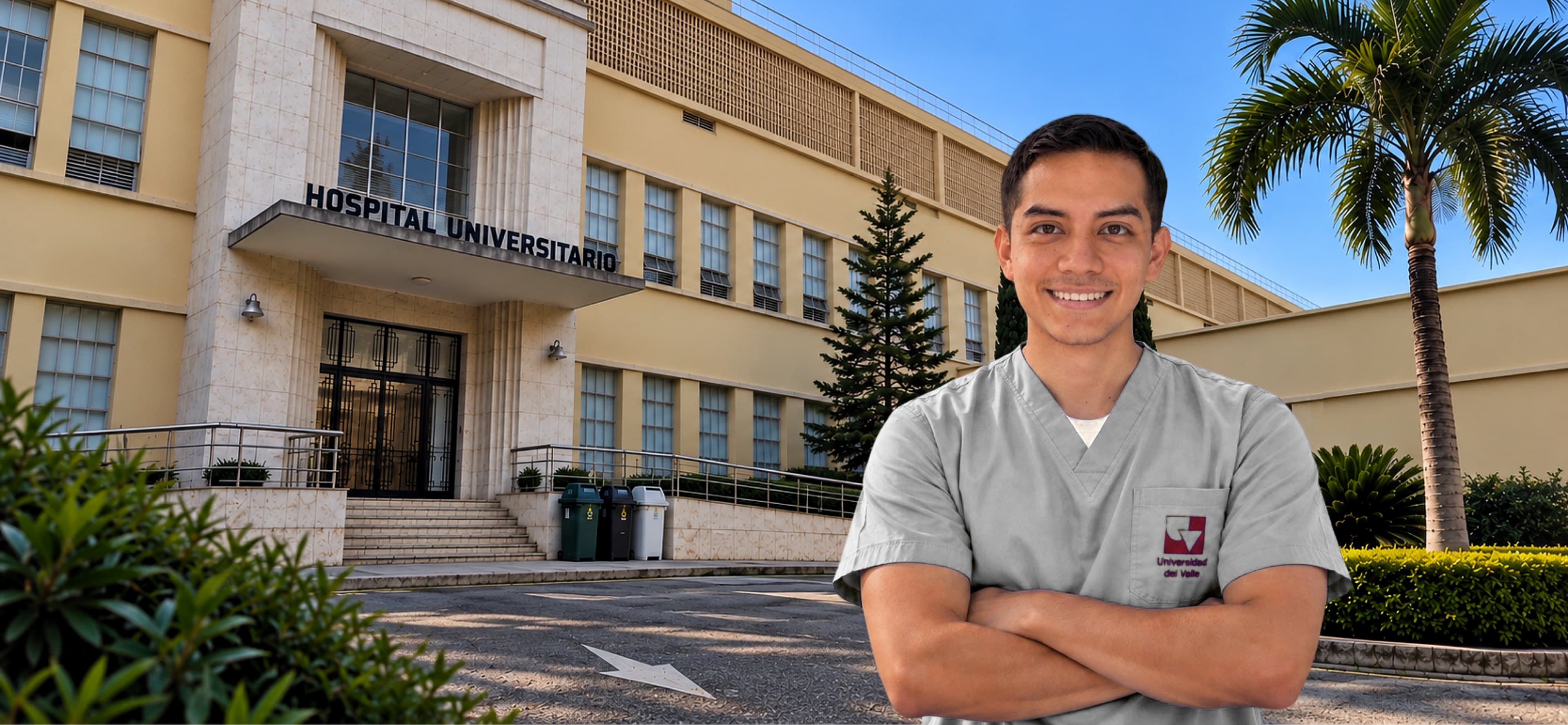 Un estudiante de medicina frente al Hospital Universitario del Valle